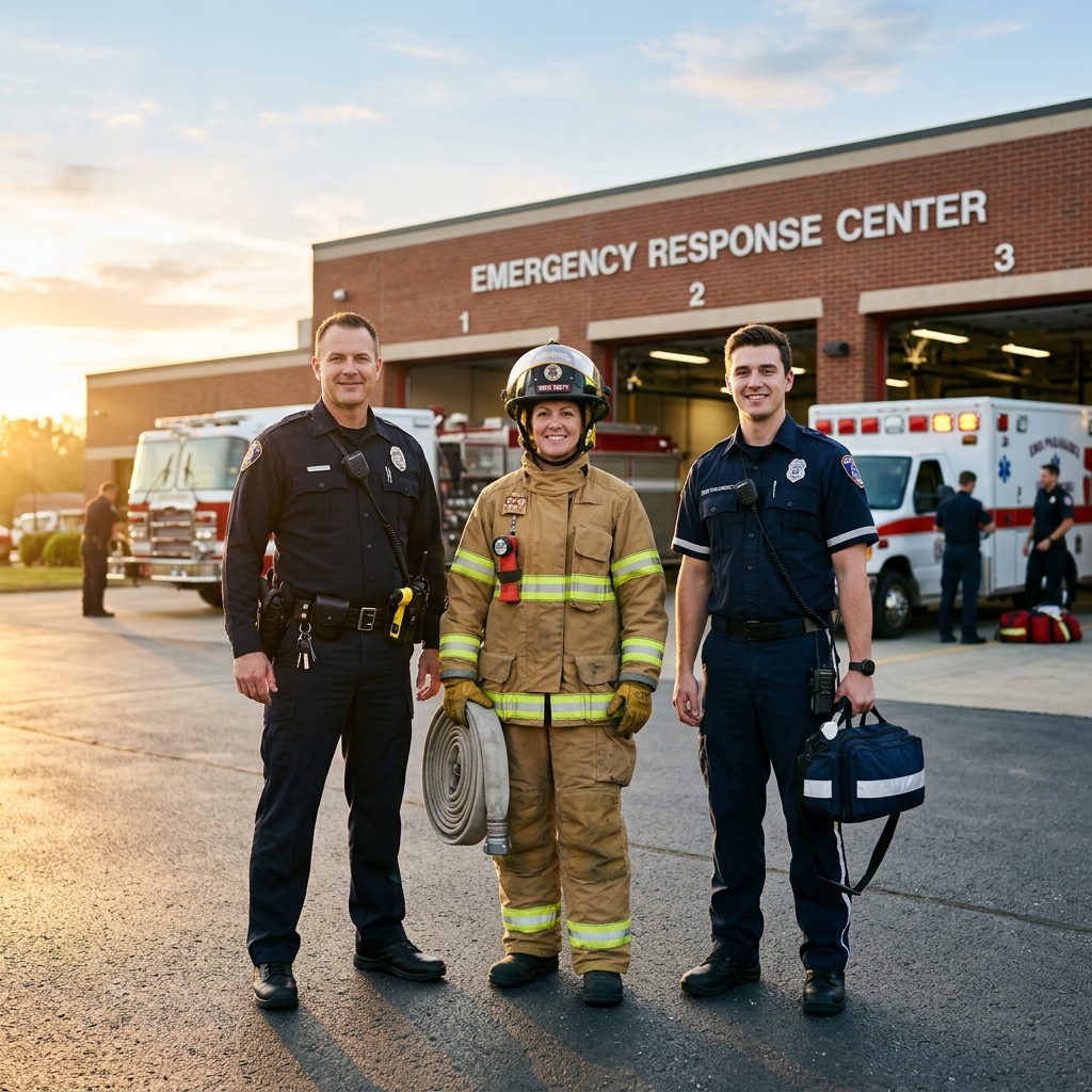Dedicated Law Enforcement, Firefighter, and EMS Paramedic Professionals in Emergency Response Setting