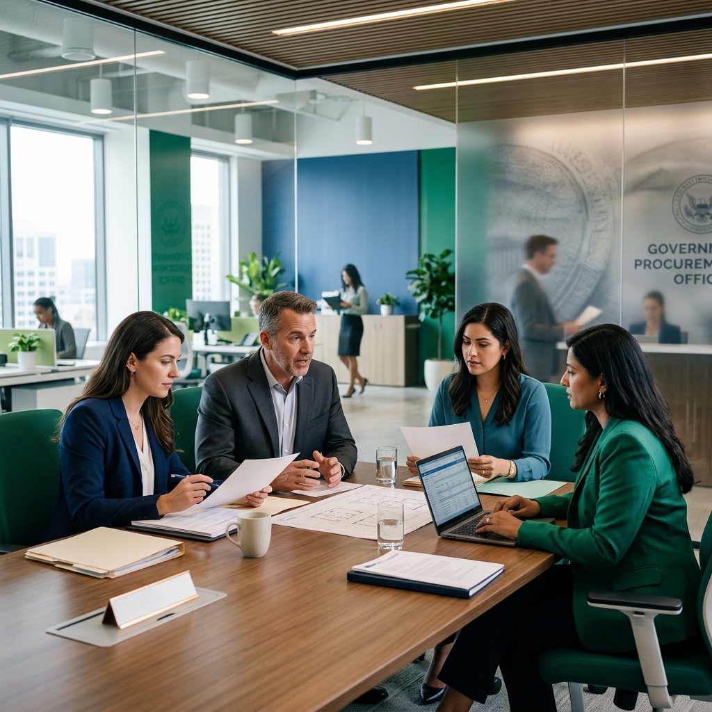 Federal Contracting Specialists Reviewing Schedule Rules in Professional Setting