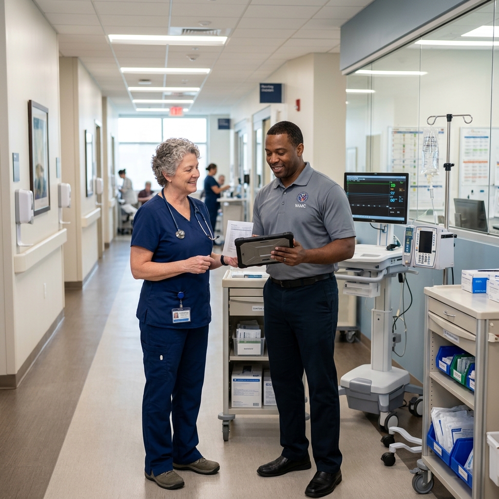 Dedicated Clinical Nurse and VA Hospital Supply Coordinator Consulting in Modern Medical Center Setting